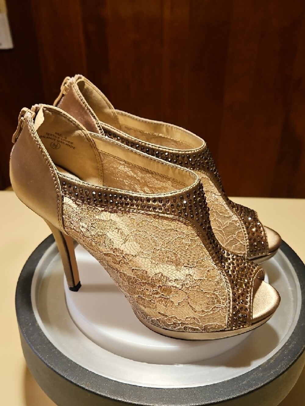 De Blossom Collection Gold Lace Open-Toe Heels with Rhinestones